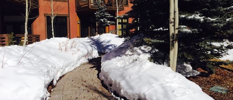 A snow-covered pathway leading to a building with a red facade and multiple windows.