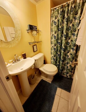 Shower, hair dryer, towels