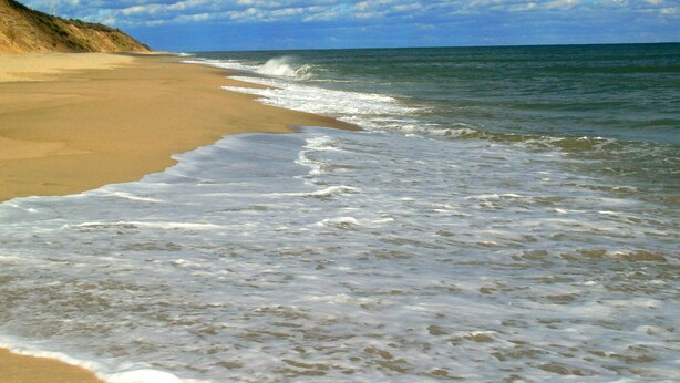 Ein Strand mit Wellen, die an das Ufer schlagen, einem klaren Himmel und einer sandigen Landschaft.