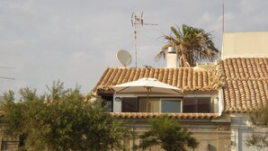 Un bâtiment avec un toit recouvert de tuiles, une antenne parabolique et un palmier en arrière-plan.