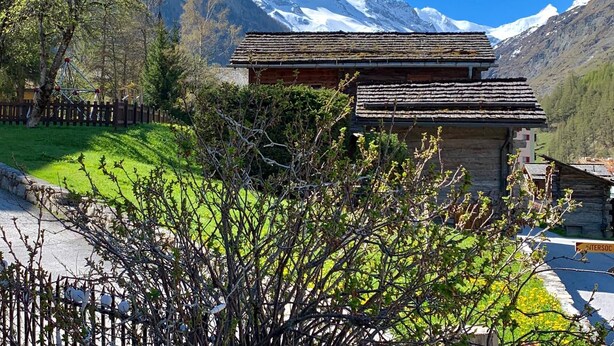 Una cabaña tradicional con techo inclinado, rodeada por un jardín exuberante y un parque infantil. Al fondo, una montaña nevada bajo un cielo azul despejado.