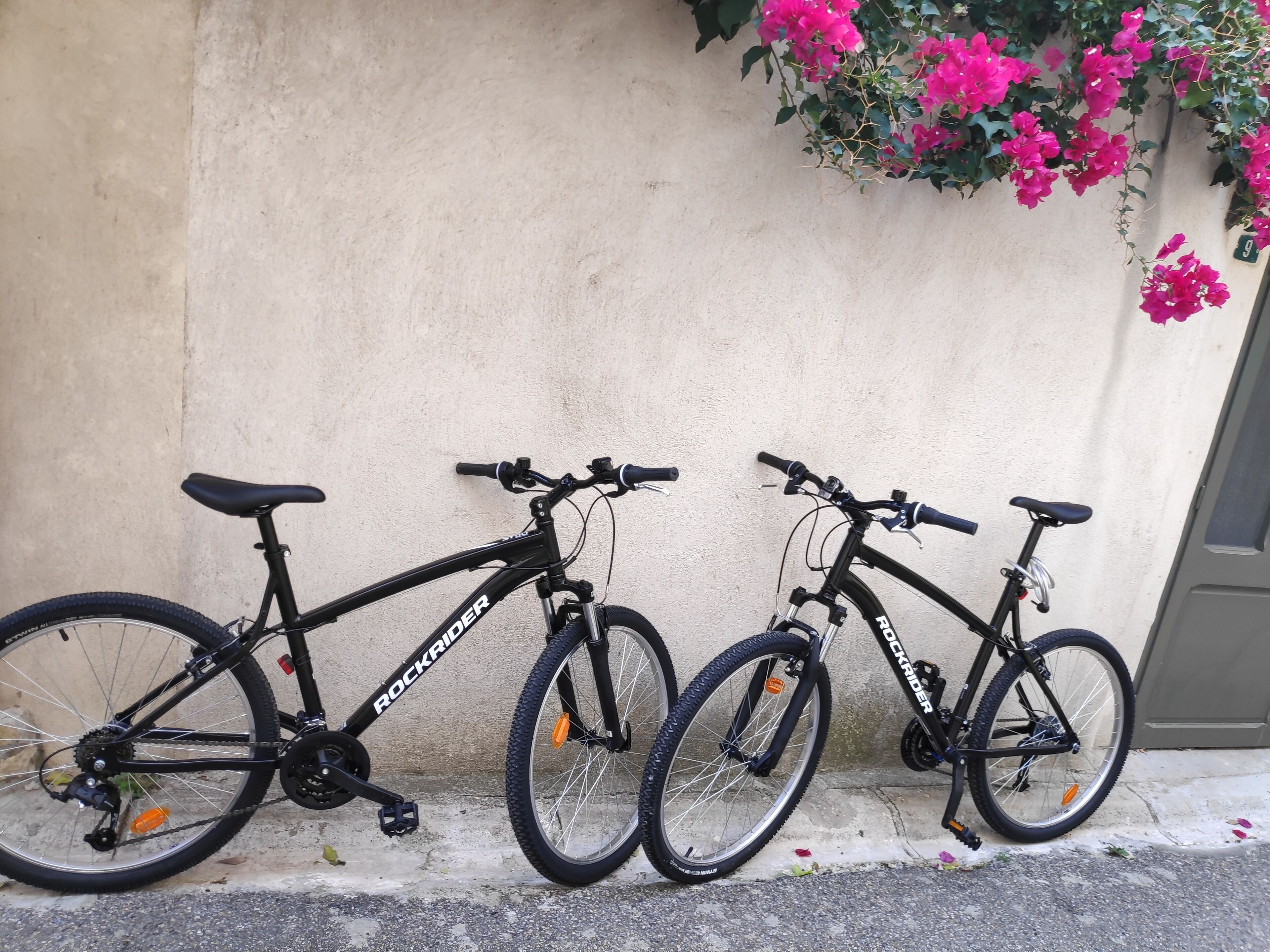 Two bicycles parked against a wall with a number '9' and pink flowers.