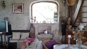 A cozy living room with a television, sofa, and a fireplace. - Country cottage with swimming pool in the Quercy Regional Park (Larnagol)