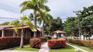 A well-maintained garden with palm trees and red flowering bushes, a pathway, and a small building with a red roof. - Beach house in São José da Coroa Grande, with Wi-Fi and TV. (São José da Coroa Grande)