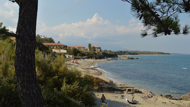 A beach with houses in the background, a clear sky, and a calm sea. - Marina di Bravone beach, Linguizzetta, Corsica, France (Linguizzetta)