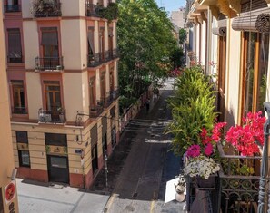 Une rue étroite, bordée de bâtiments des deux côtés, avec des balcons dotés de rampes et de plantes en pot.