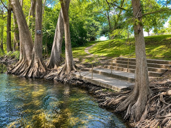 A tranquil riverside walkway with steps leading down to a clear water body, surrounded by trees with exposed roots.