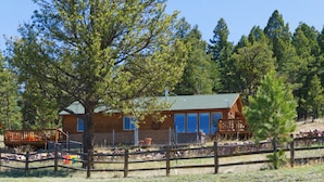 A cabin with a fenced yard, surrounded by trees. - Cabin, Dog Friendly, Hot Tub, Views, 6 acres, Wheelchair Accessible (Florissant)