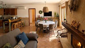 Un vaste espace de vie comprenant un coin salon avec cheminée, une table à manger et une cuisine à l’arrière-plan.