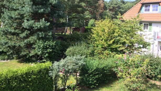 A residential area with a house featuring a red roof and white walls, surrounded by dense greenery and trees. - Apartment on the beach - apartment (Karlshagen)