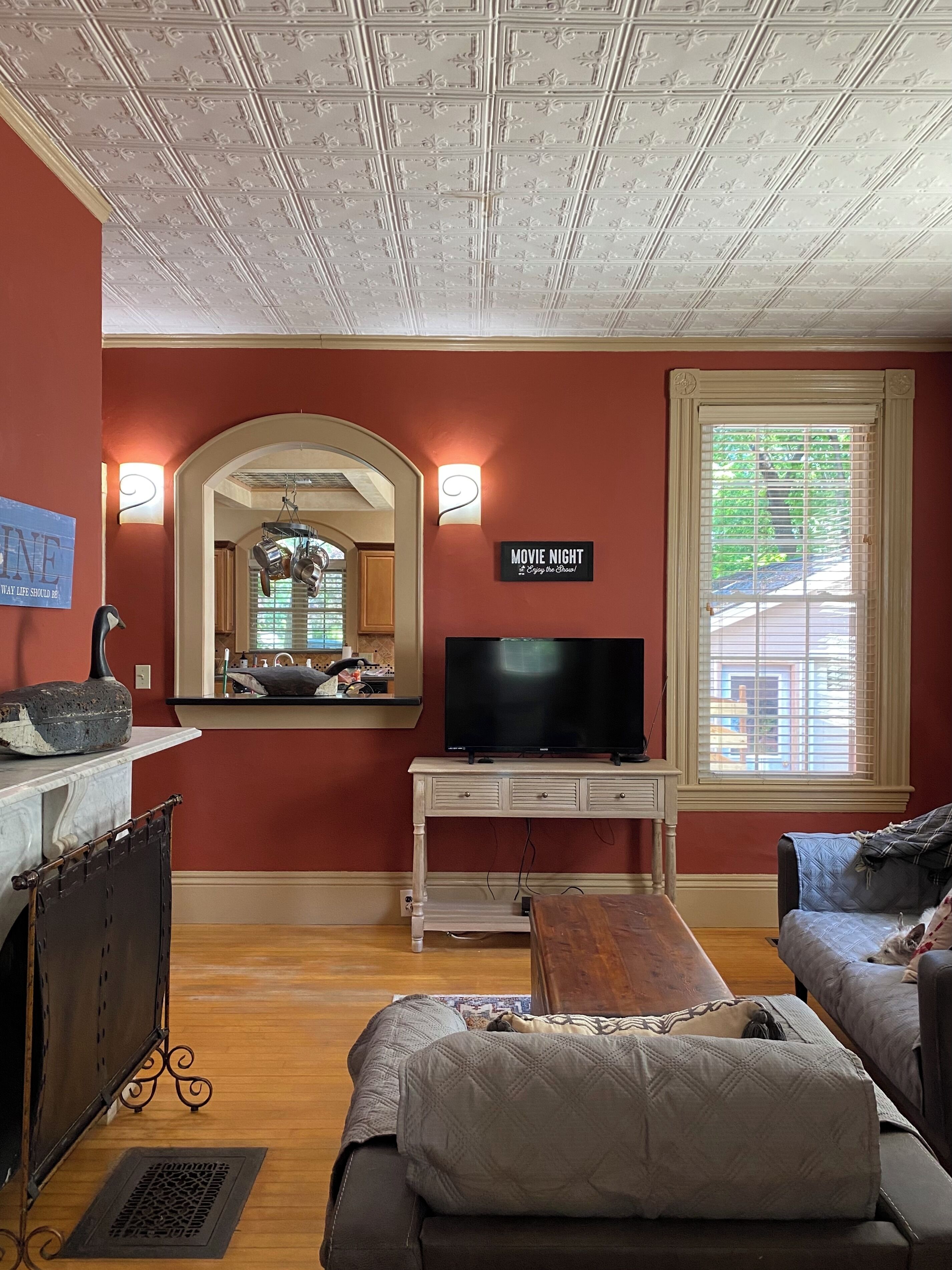 TV connectée, cheminée, lecteur de DVD, livres