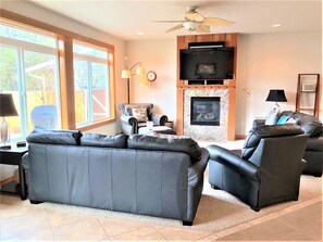 TV, fireplace, DVD player, foosball