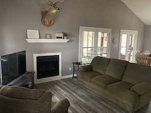 Télévision, cheminée, lecteur de DVD