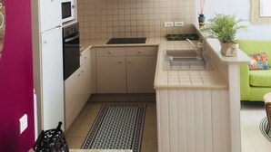 A compact kitchen with a microwave, oven, and sink. There is a small rug and a green couch in the adjacent living area. - 3-star listed house with south-facing courtyard in La noue (Sainte-Marie-de-Ré)