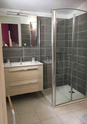 Shower, hair dryer, soap, shampoo
