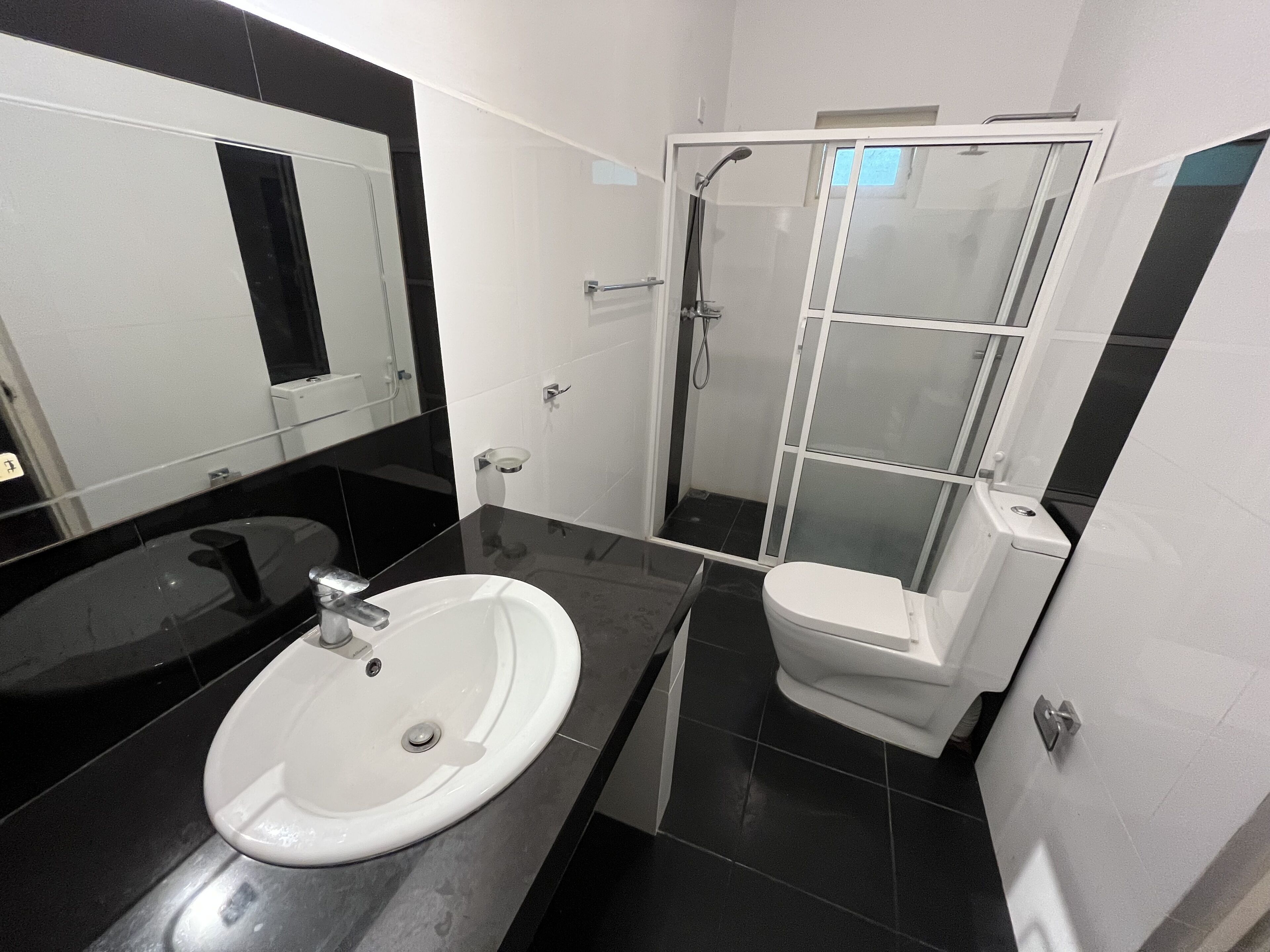 A bathroom with a black countertop, a white sink, a toilet, and a glass shower enclosure.