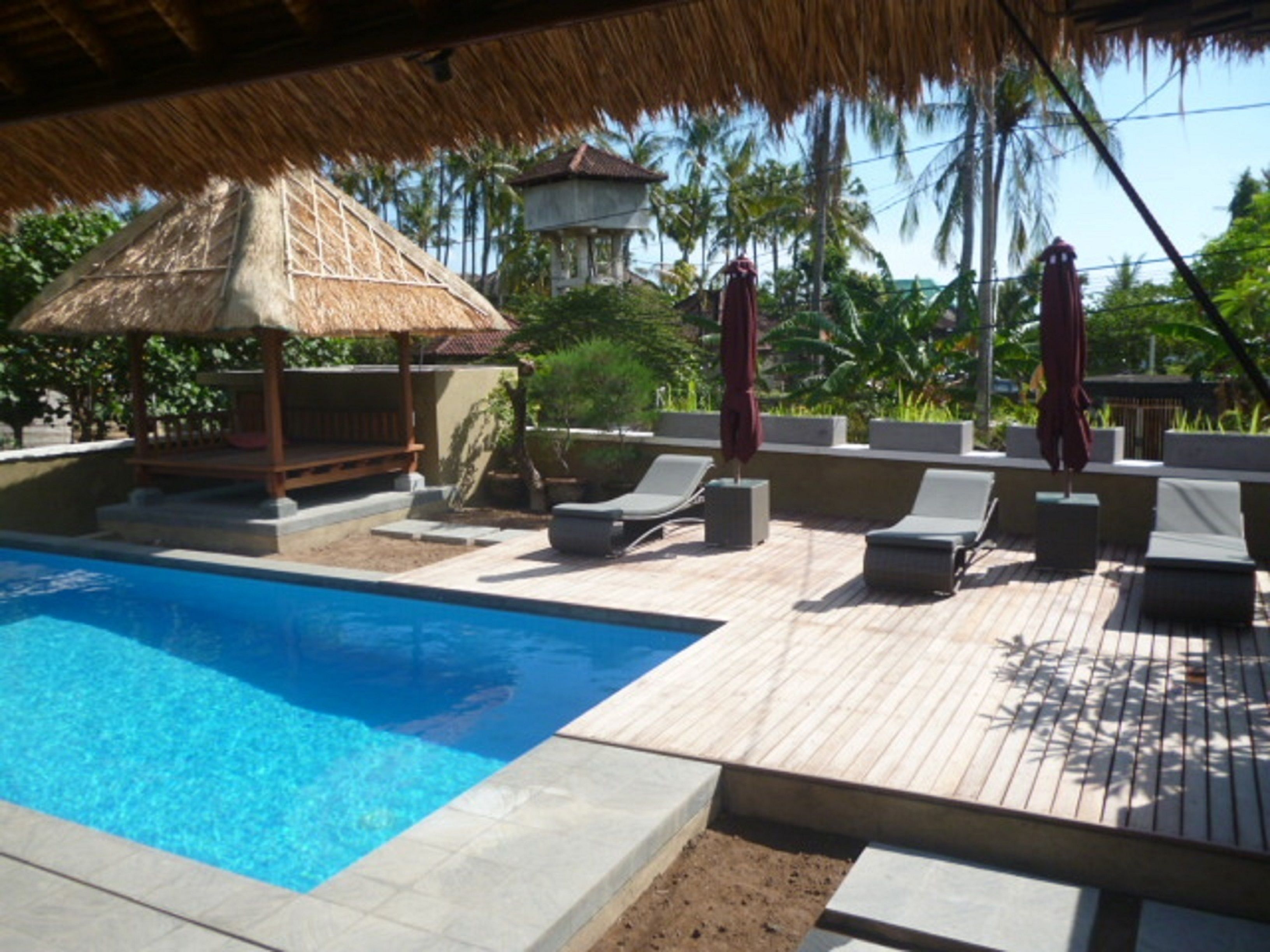 A swimming pool with lounge chairs and umbrellas, surrounded by palm trees and a thatched-roof structure.