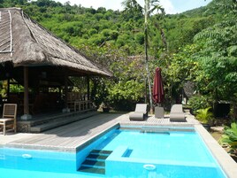 Outdoor pool, pool umbrellas, sun loungers