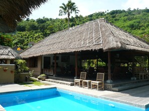 Outdoor pool, pool umbrellas, sun loungers