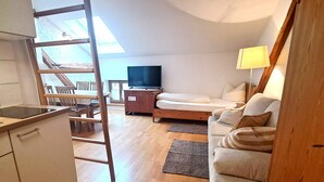 A compact living space with a kitchenette, a bed, a TV, and a sofa. - Apartment room no. 10 for 1 person (Neuötting)