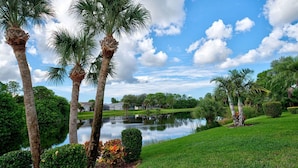 A serene landscape with palm trees, a pond, and a well-maintained lawn. - Bella Vista | Pool | Spa | Lake front | Lounge (Rotonda West)