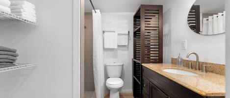 A modern bathroom with a toilet, sink, and towel racks.
