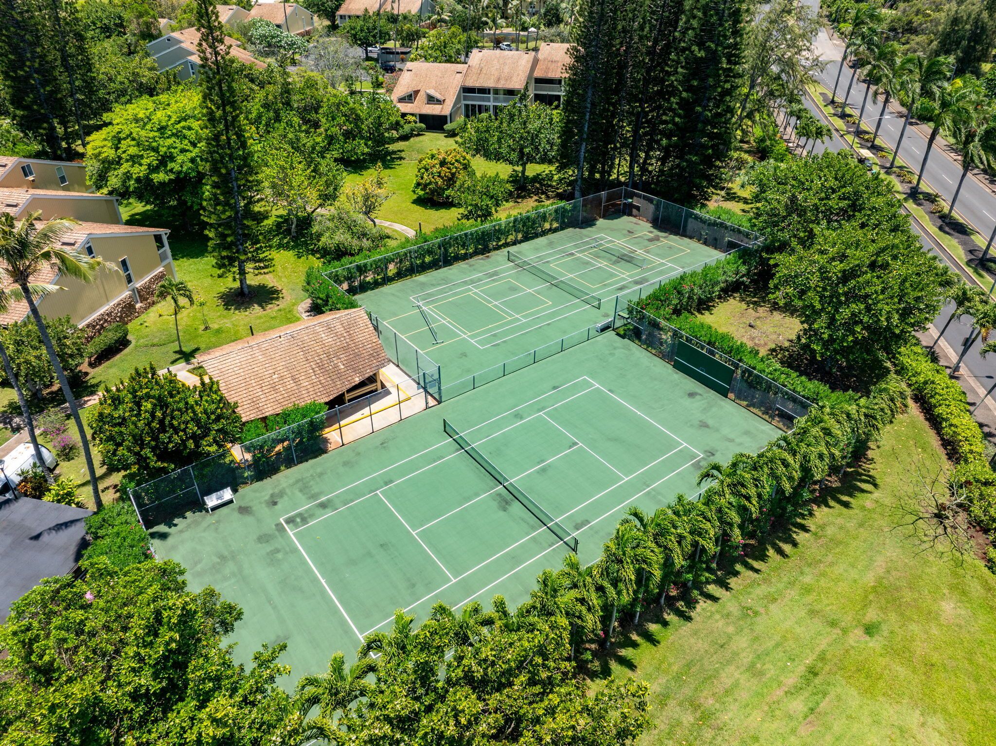 An aerial view of a tennis court surrounded by trees and residential buildings.