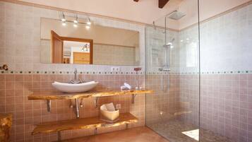 Combined shower/tub, hair dryer, bidet, towels