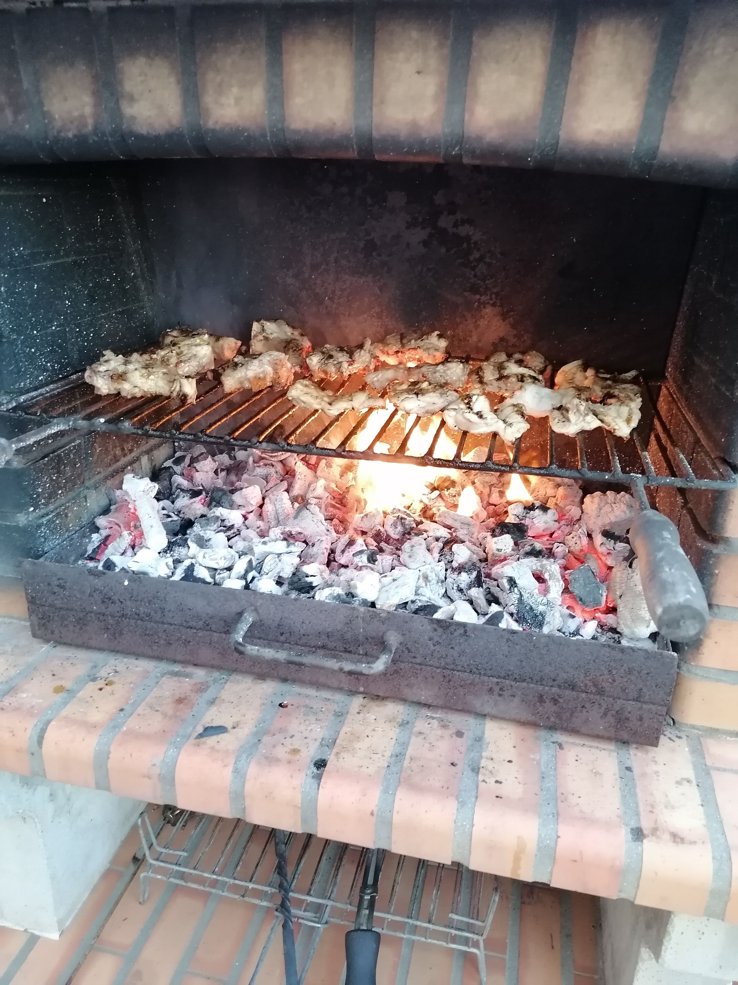 Un horno de ladrillo al aire libre con carbón y carne asándose.