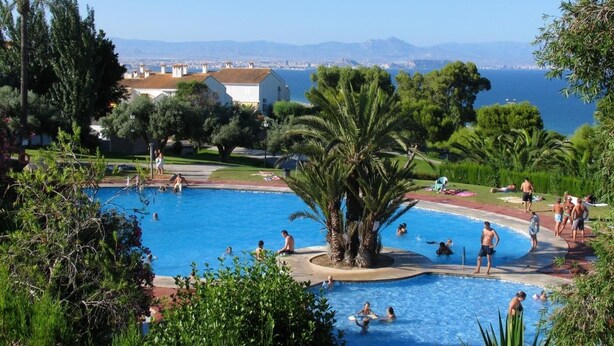 A pool area with multiple pools, surrounded by lush greenery and palm trees.