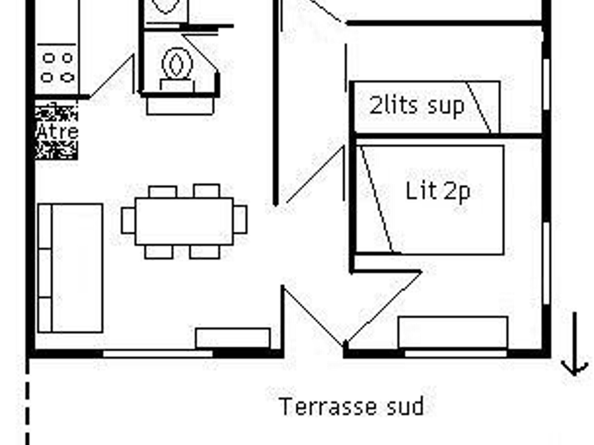 A floor plan with a kitchen, dining area, two bedrooms, and a bathroom.
