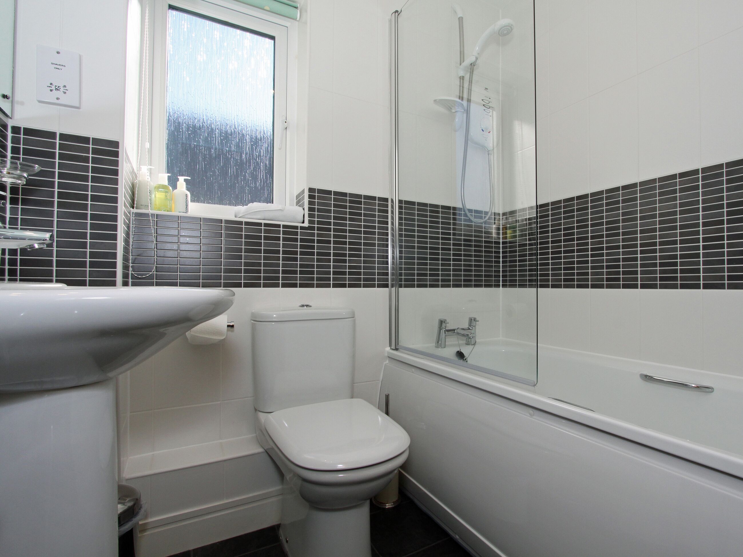 Une salle de bain avec des toilettes, un lavabo et une douche.