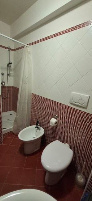 A bathroom with a shower, a bidet, a toilet, and a sink.