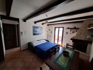 Een slaapkamer met een bed, een tafel, een stoel, een open haard en een deur.