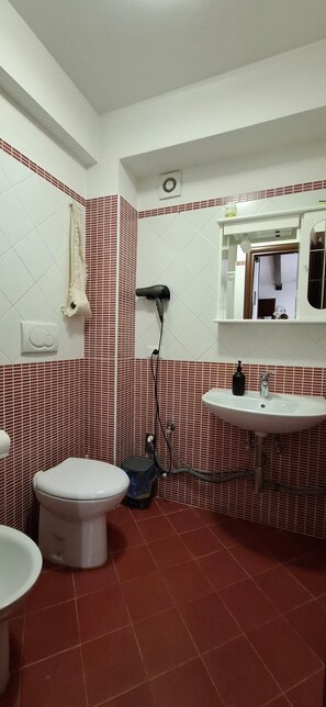 Een badkamer met toilet, wastafel en een haardroger aan de muur.