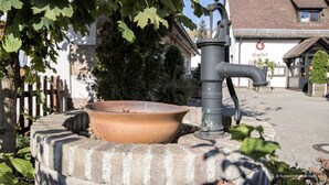 A stone well with a metal spout and a terracotta basin, surrounded by greenery and a building with a sign reading "Gasthof". - Übernachten in der Tenne (Nuremberg)