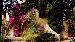 A stone staircase leading up to a building with a balcony, surrounded by lush greenery and flowering plants. - LARGE VILLA, SOUTH CORSICA, PRIVATE AREA OF CALA ROSSA. (Lecci)