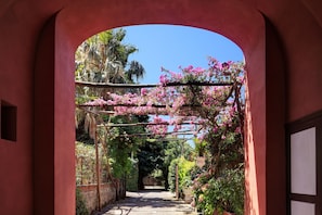 An arched pathway leading to a gated entrance, surrounded by lush greenery and flowering plants. - Sophia - Lovely Apartment   (Meta)