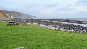 A grassy area with a picnic table, a rocky shoreline, and a cliff in the background. - 2 bedroom accommodation in Burnmouth, near Eyemouth (Burnmouth, near Eyemouth)