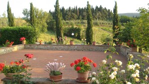 A garden patio with potted plants and flowers, stone walls, and a view of trees and hills in the background.