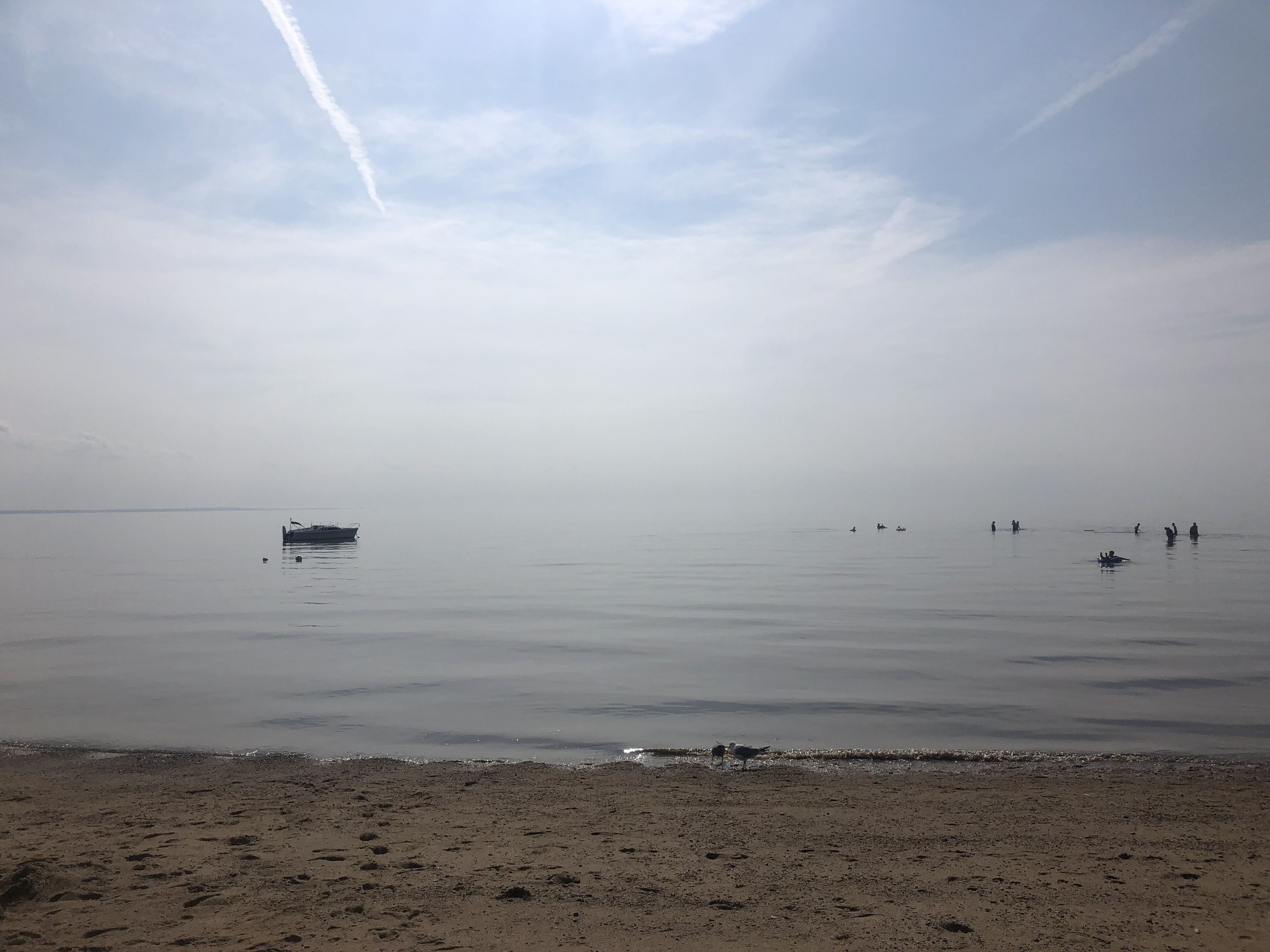 Une plage paisible, avec un bateau à l’horizon et des personnes dans l’eau.