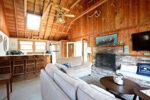 Smart TV, fireplace, toys, books