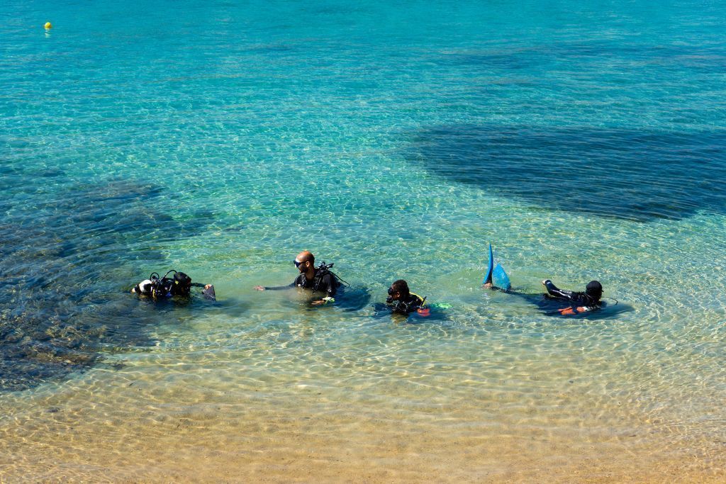 Four divers in clear water, wearing scuba gear and fins.