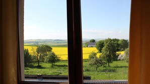 A window with a view of a rural landscape, including fields and trees. - Apartment at the castle Eltz (Wierschem)