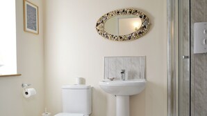 A bathroom with a toilet, sink, and a mirror with a decorative frame.