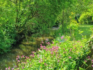 Un jardin luxuriant, avec un ruisseau, un feuillage dense et des fleurs aux couleurs éclatantes.