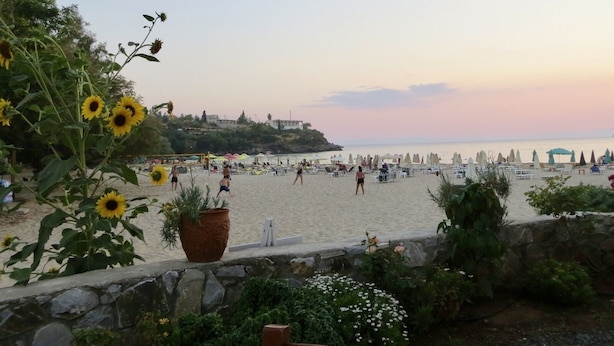 Una spiaggia con girasoli e piante in vaso in primo piano, un muro in pietra e vista sulla spiaggia e sull'acqua sullo sfondo.