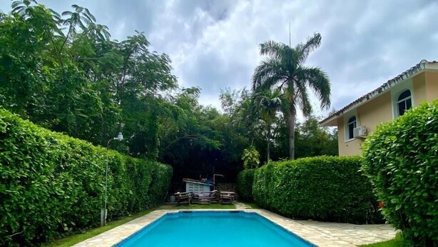 A rectangular swimming pool with stone tiles, surrounded by lush greenery and a palm tree. - Three bedroom apartment with private pool (Sosua)