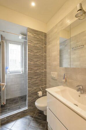 Apartment 1  | Salle de bain | Douche cascade, articles de toilette (gratuits), séchoir à cheveux