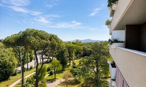 A balcony with a view of a landscaped garden and distant mountains.